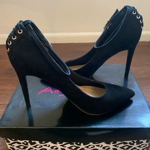 Anne Michelle Sexy Black Pointed Stiletto Heels Ankle Strap